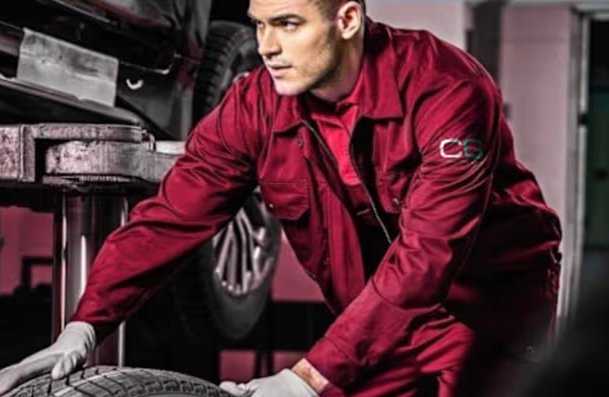 man pushing wheel towards the car