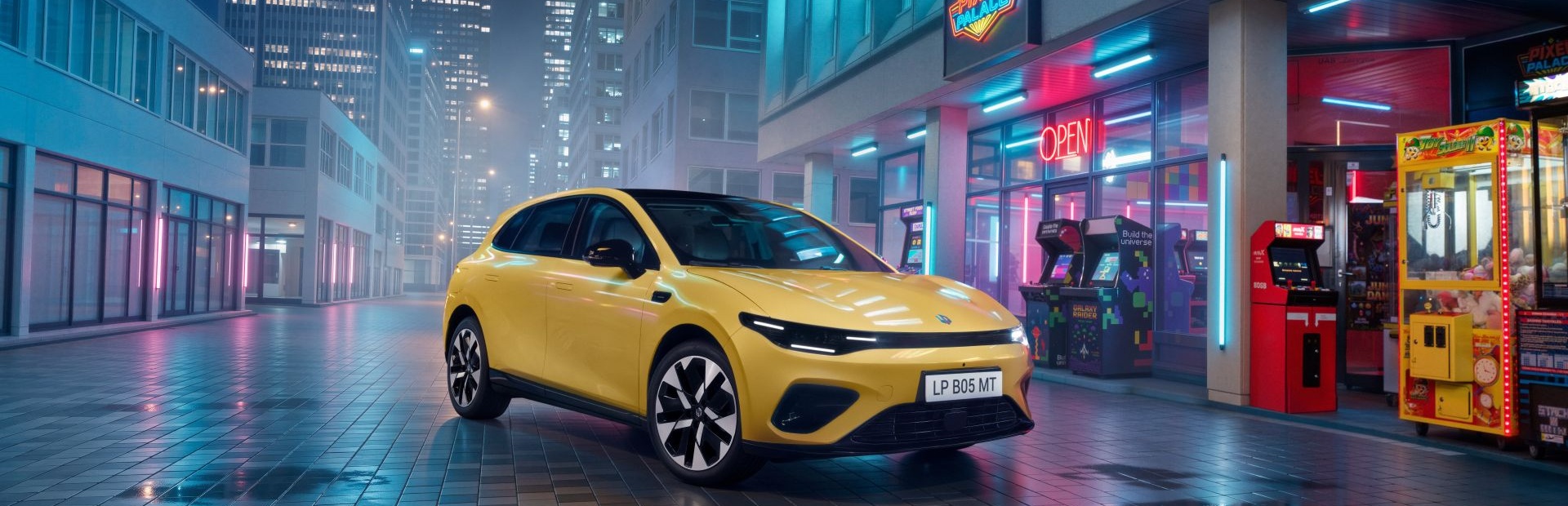 Yellow car on a reflective tiled city street, neon lights from arcade reflect on wet pavement.