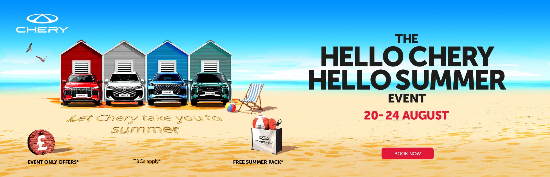 Four cars in front of beach huts with Hello Chery Hello Summer event details.