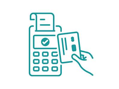 Illustration of a credit card terminal with a hand holding a card.