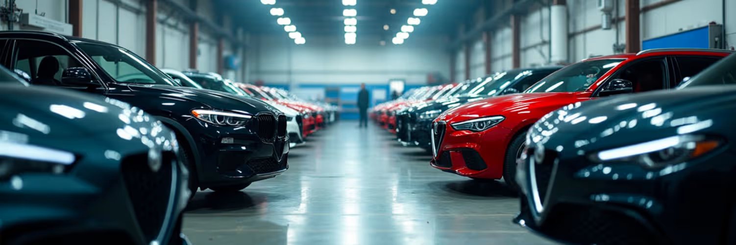 Rows of parked black and red cars in a well-lit indoor Gateshead Croxdale workshop setting.