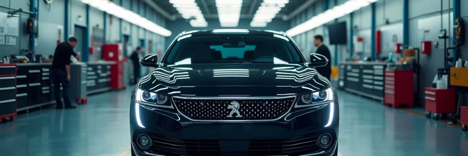 Front view of a Peugeot car in a well-lit mechanical workshop in Chert-Le-Street..