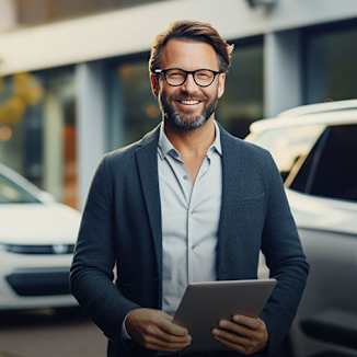 Smiling man with glasses holding a tablet, standing outdoors near two parked cars.