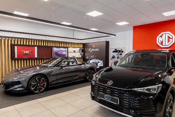 two cars in the showroom