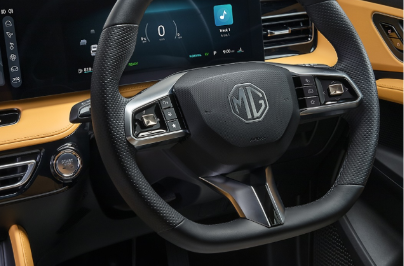 close up of the steering wheel of the car