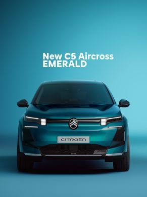 Emerald Citroën C5 Aircross front view with text “New C5 Aircross EMERALD”.