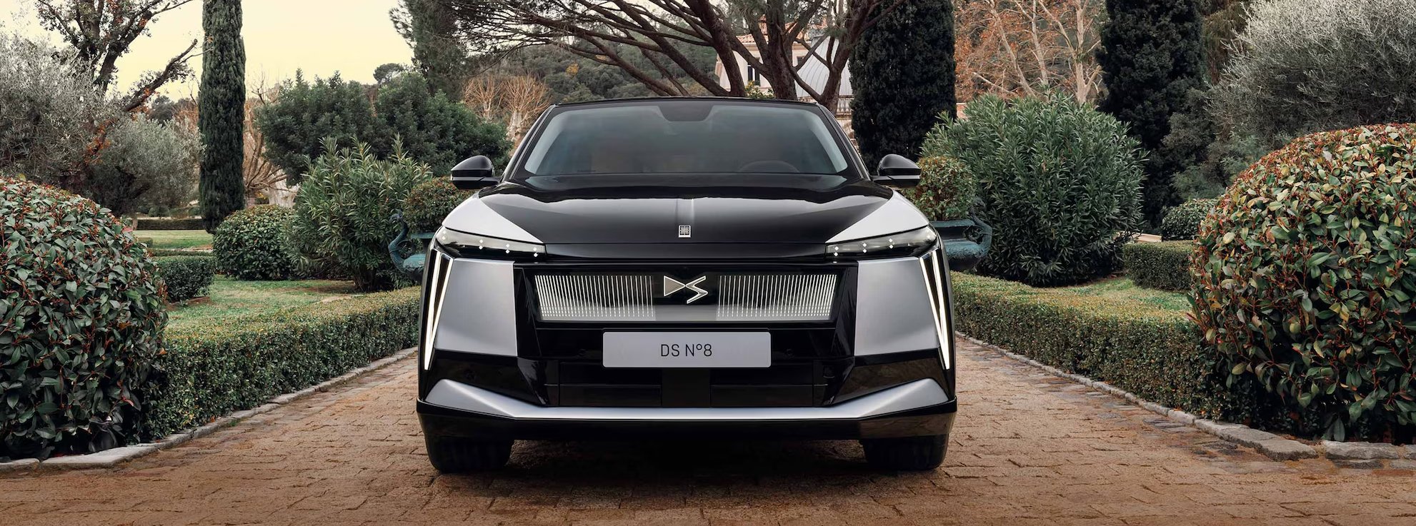 front shot of the car parked within headeges