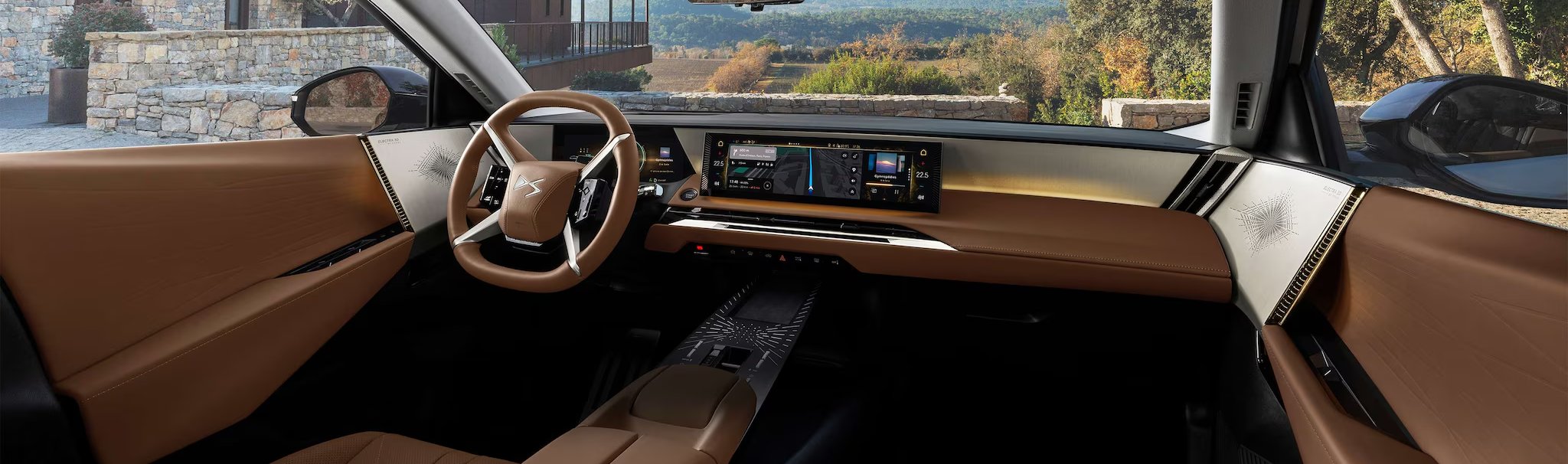 Pan shot of the front dashboard of the car