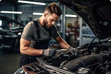 Mechanic working on a car engine in a garage.