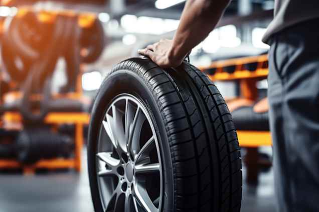 Person holding a car tyre inside a garage.