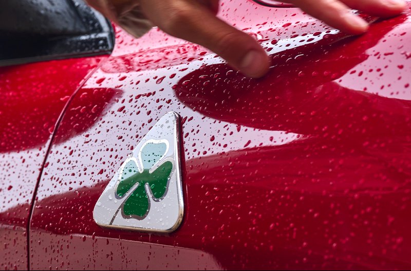 CLOSE UP OF THE BADGE ON SIDE OF CAR