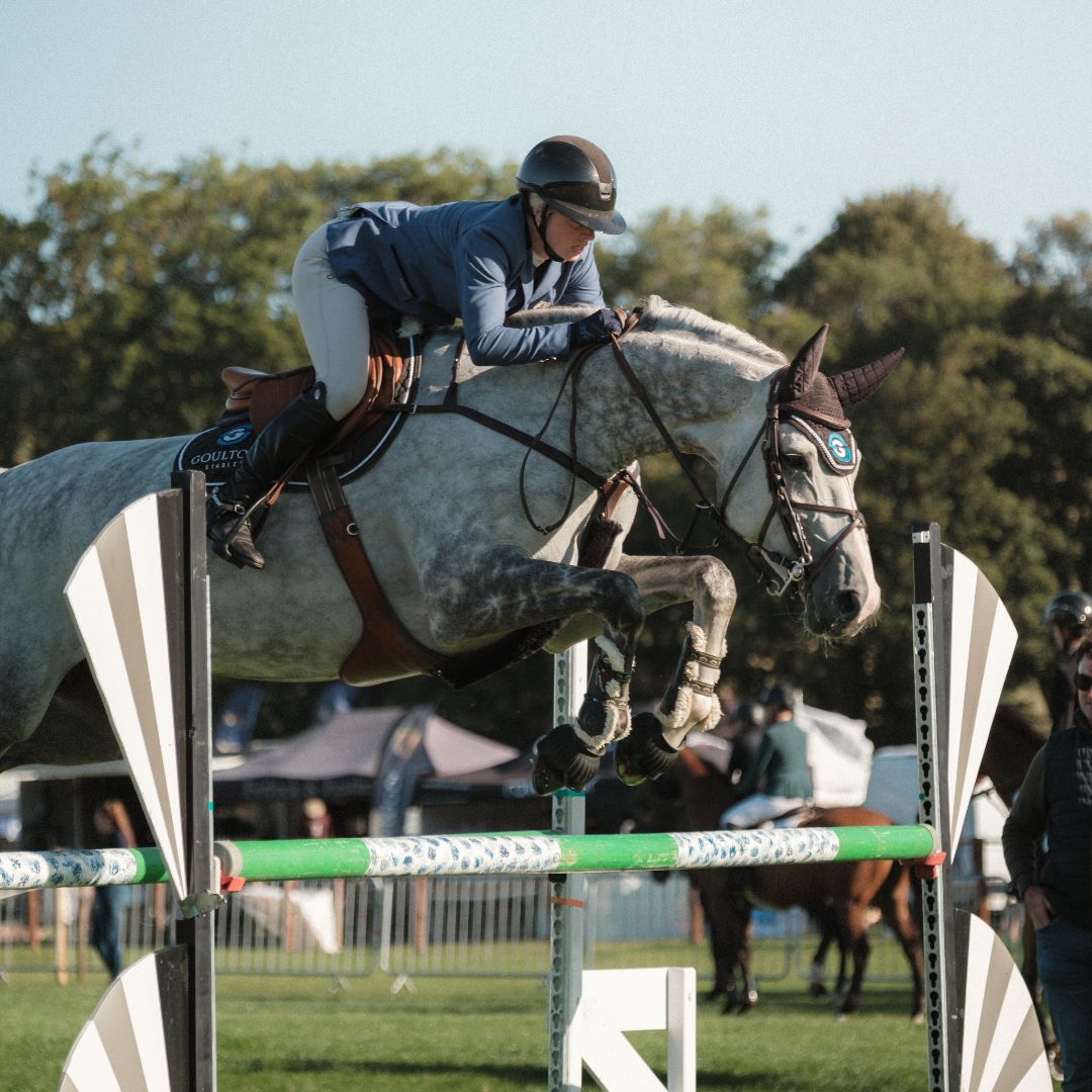 Equestrian jumps over a barrier during a competition.