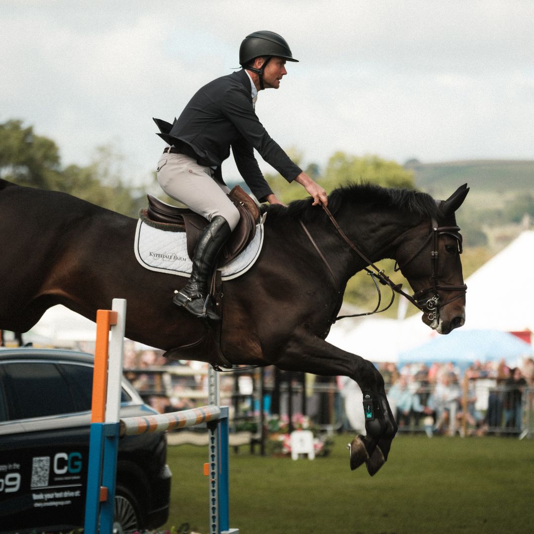 Rider in helmet jumps a horse over an obstacle at an equestrian event.