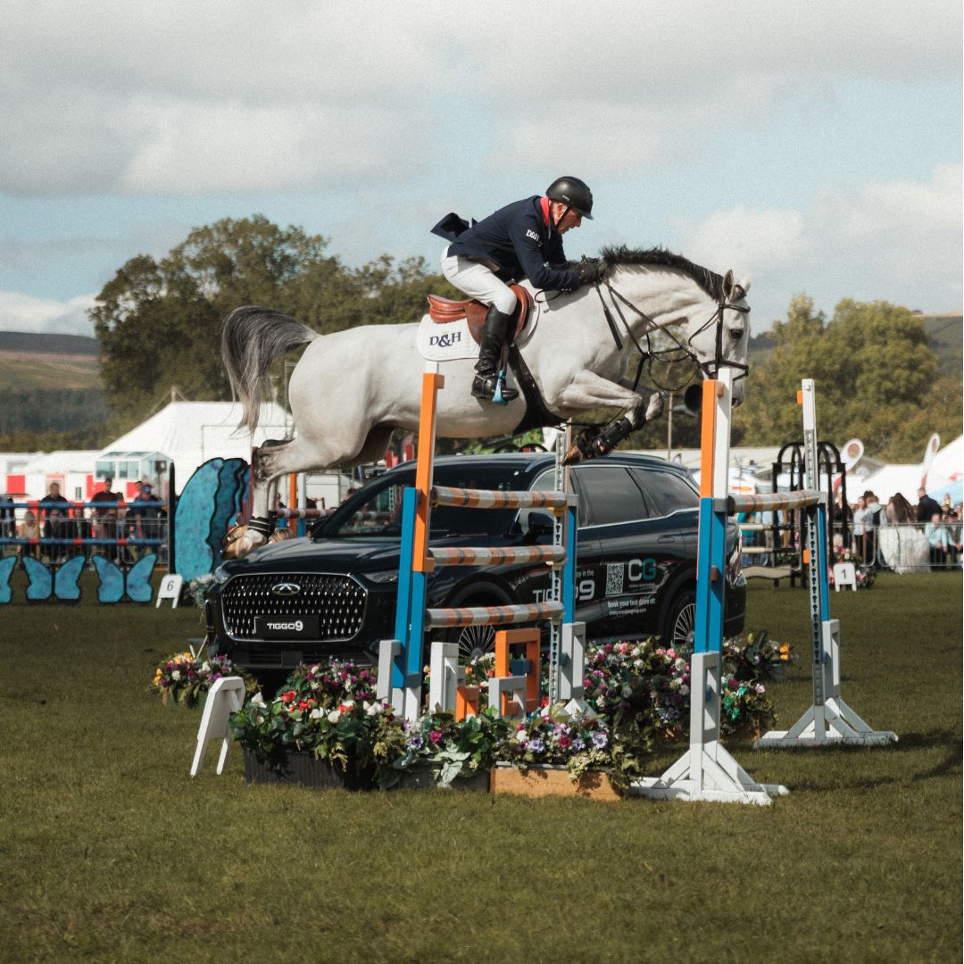 Hamstramgram and John Whitaker over a tall obstacle in an outdoor equestrian event.